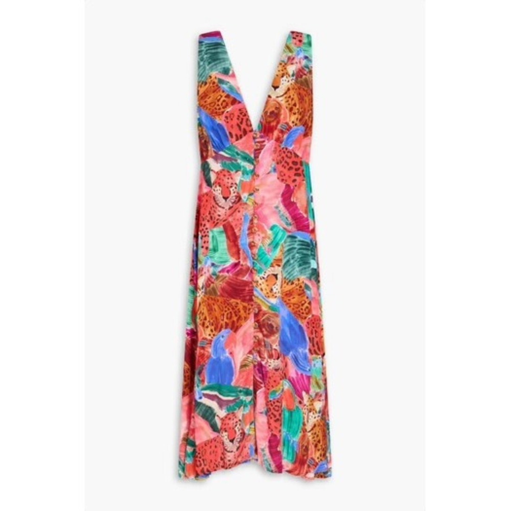 Farm Rio Jungle Animals Button Front Midi Dress Tropical Leopard Toucan Sloth - Picture 13 of 13